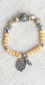 Beige Quartz Stretch Bracelet with Labradorite, Hemitite and Jasper plus Silver Cross Charm