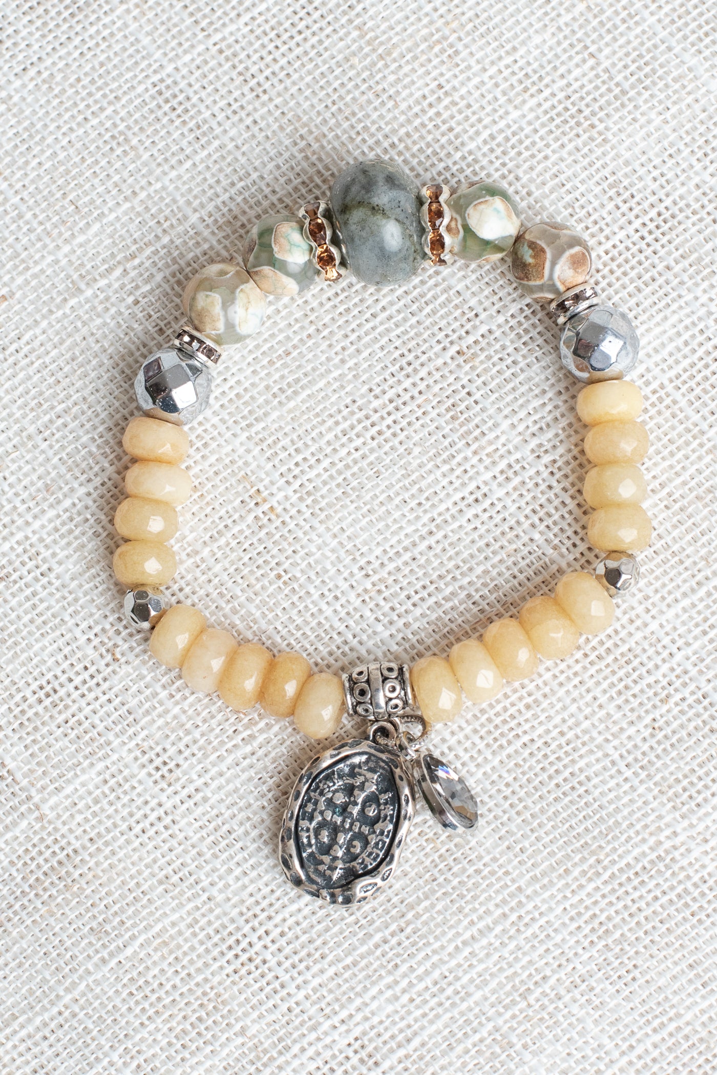 Beige Quartz Stretch Bracelet with Labradorite, Hemitite and Jasper plus Silver Cross Charm