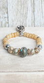 Beige Quartz Stretch Bracelet with Labradorite, Hemitite and Jasper plus Silver Cross Charm