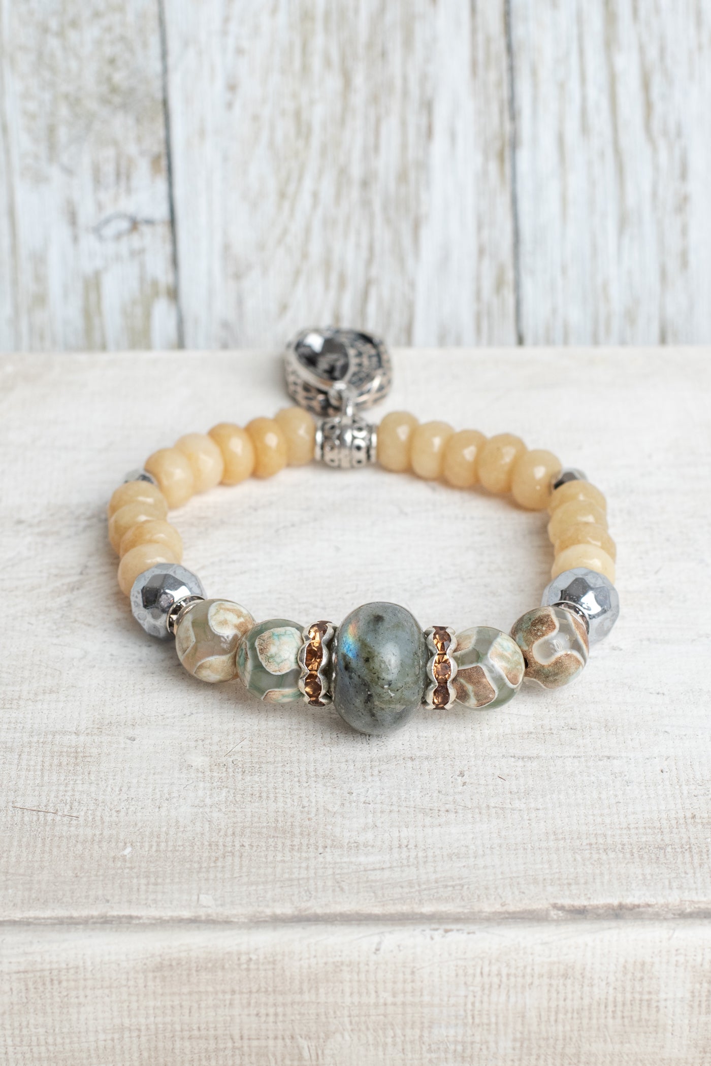 Beige Quartz Stretch Bracelet with Labradorite, Hemitite and Jasper plus Silver Cross Charm