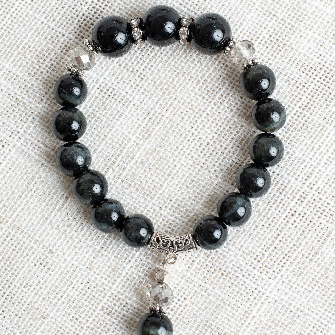 Black Obsidian and Onyx Beaded Stretch Bracelet with Crystal and Stone Charm