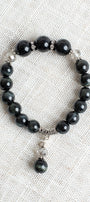 Black Obsidian and Onyx Beaded Stretch Bracelet with Crystal and Stone Charm