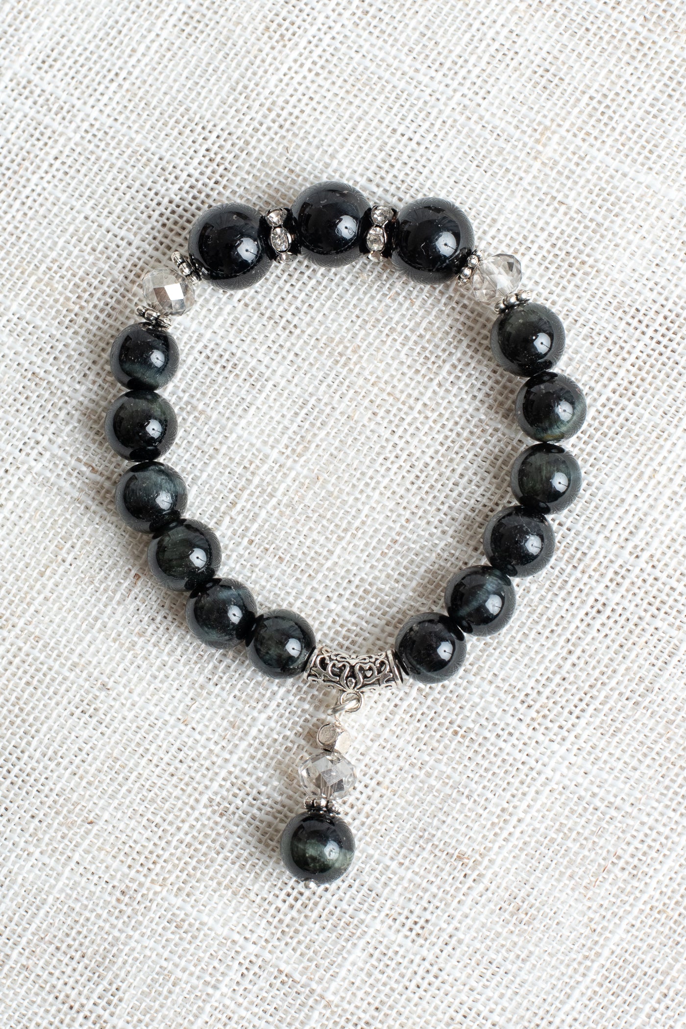 Black Obsidian and Onyx Beaded Stretch Bracelet with Crystal and Stone Charm