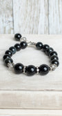 Black Obsidian and Onyx Beaded Stretch Bracelet with Crystal and Stone Charm