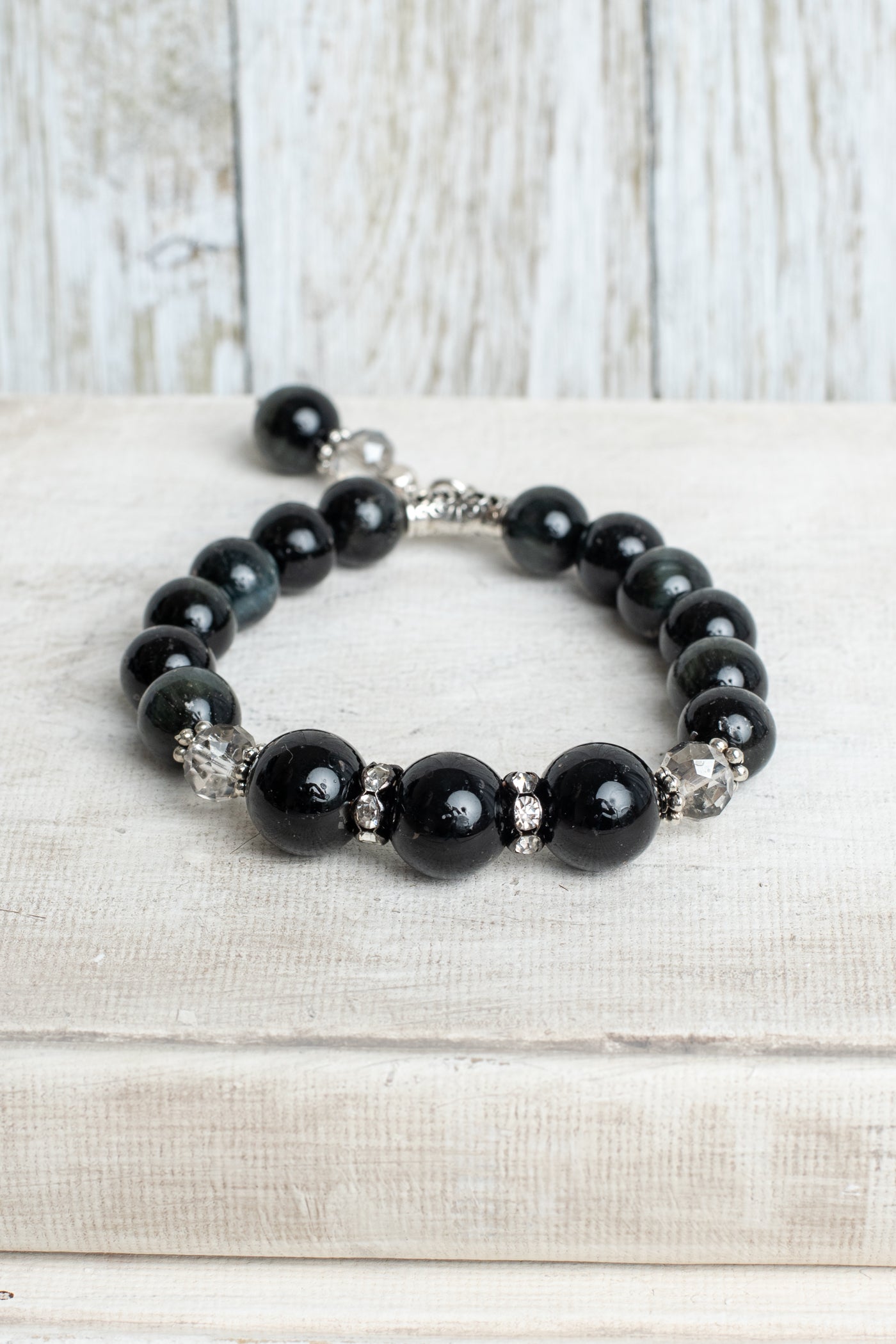 Black Obsidian and Onyx Beaded Stretch Bracelet with Crystal and Stone Charm