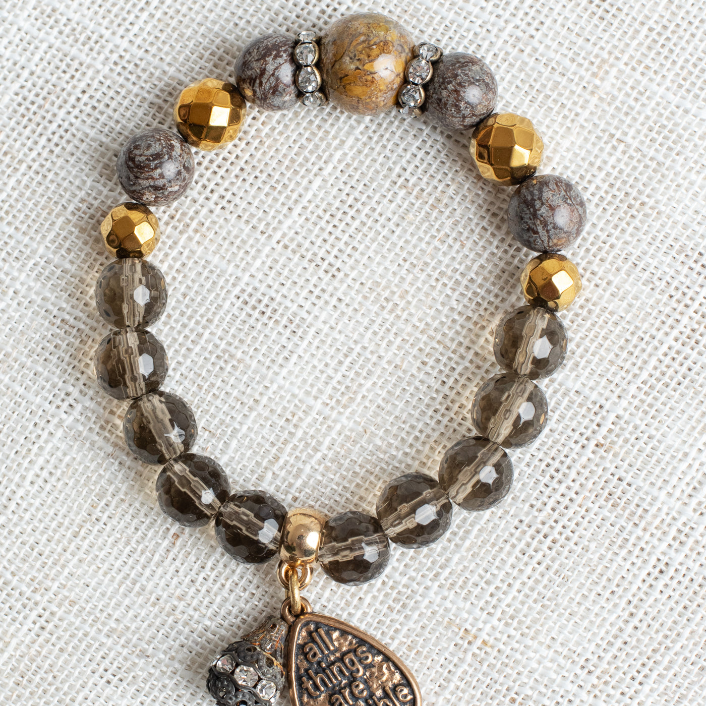 Brown Jasper with Gold Plated Hemitite and Smokey Quartz Beaded Stone Stretch Bracelet and Charm with "All Things Are Possible"