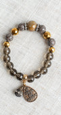 Brown Jasper with Gold Plated Hemitite and Smokey Quartz Beaded Stone Stretch Bracelet and Charm with "All Things Are Possible"
