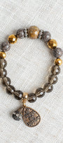 Brown Jasper with Gold Plated Hemitite and Smokey Quartz Beaded Stone Stretch Bracelet and Charm with "All Things Are Possible"