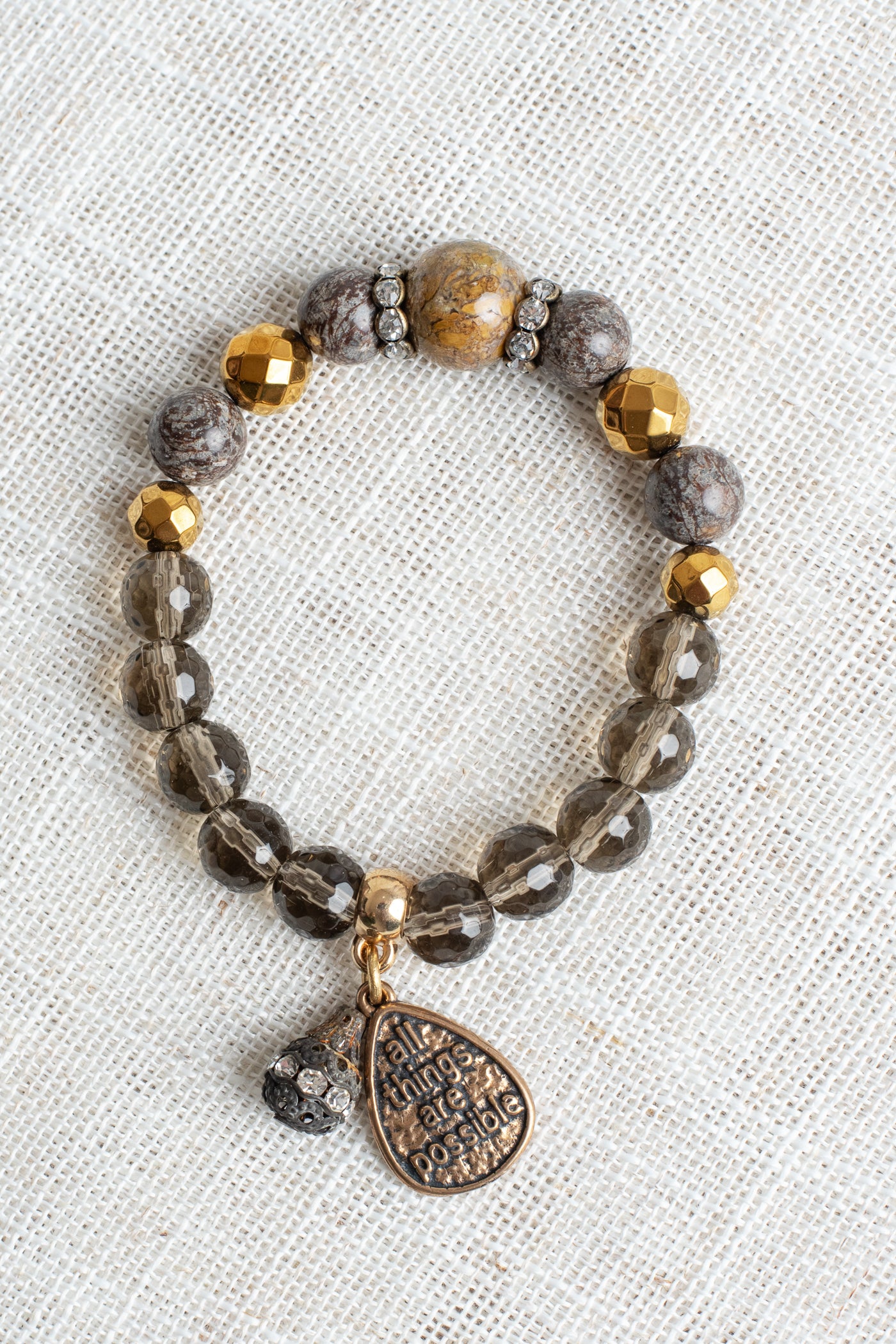 Brown Jasper with Gold Plated Hemitite and Smokey Quartz Beaded Stone Stretch Bracelet and Charm with "All Things Are Possible"