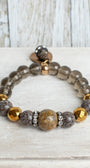 Brown Jasper with Gold Plated Hemitite and Smokey Quartz Beaded Stone Stretch Bracelet and Charm with "All Things Are Possible"