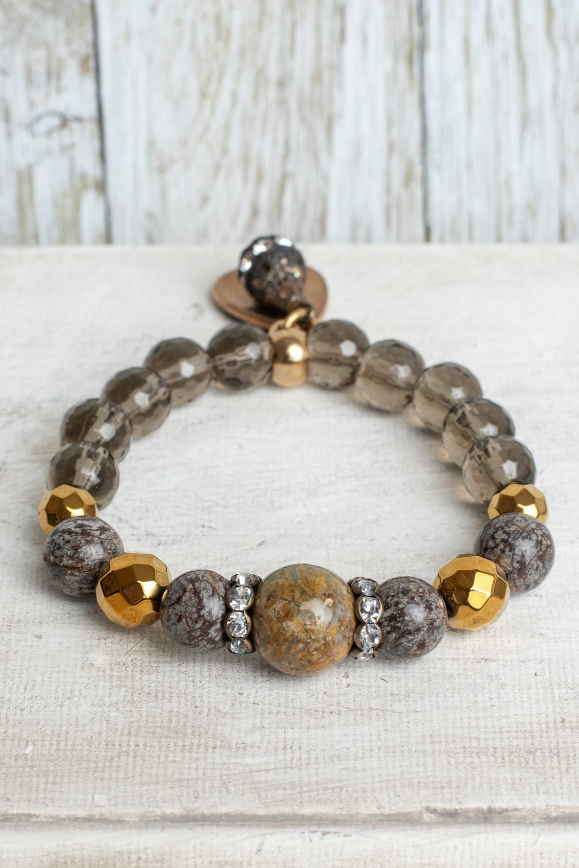 Brown Jasper with Gold Plated Hemitite and Smokey Quartz Beaded Stone Stretch Bracelet and Charm with "All Things Are Possible"