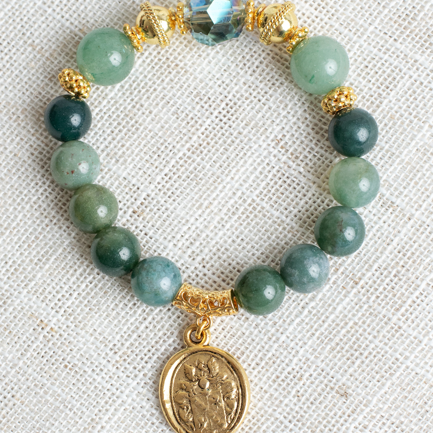 Green Adventurine and Agate Stretch Bracelet wtih Gold Plated Beads and Bail Plus Oval Armorial Crest Charm