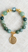 Green Adventurine and Agate Stretch Bracelet wtih Gold Plated Beads and Bail Plus Oval Armorial Crest Charm