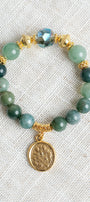 Green Adventurine and Agate Stretch Bracelet wtih Gold Plated Beads and Bail Plus Oval Armorial Crest Charm
