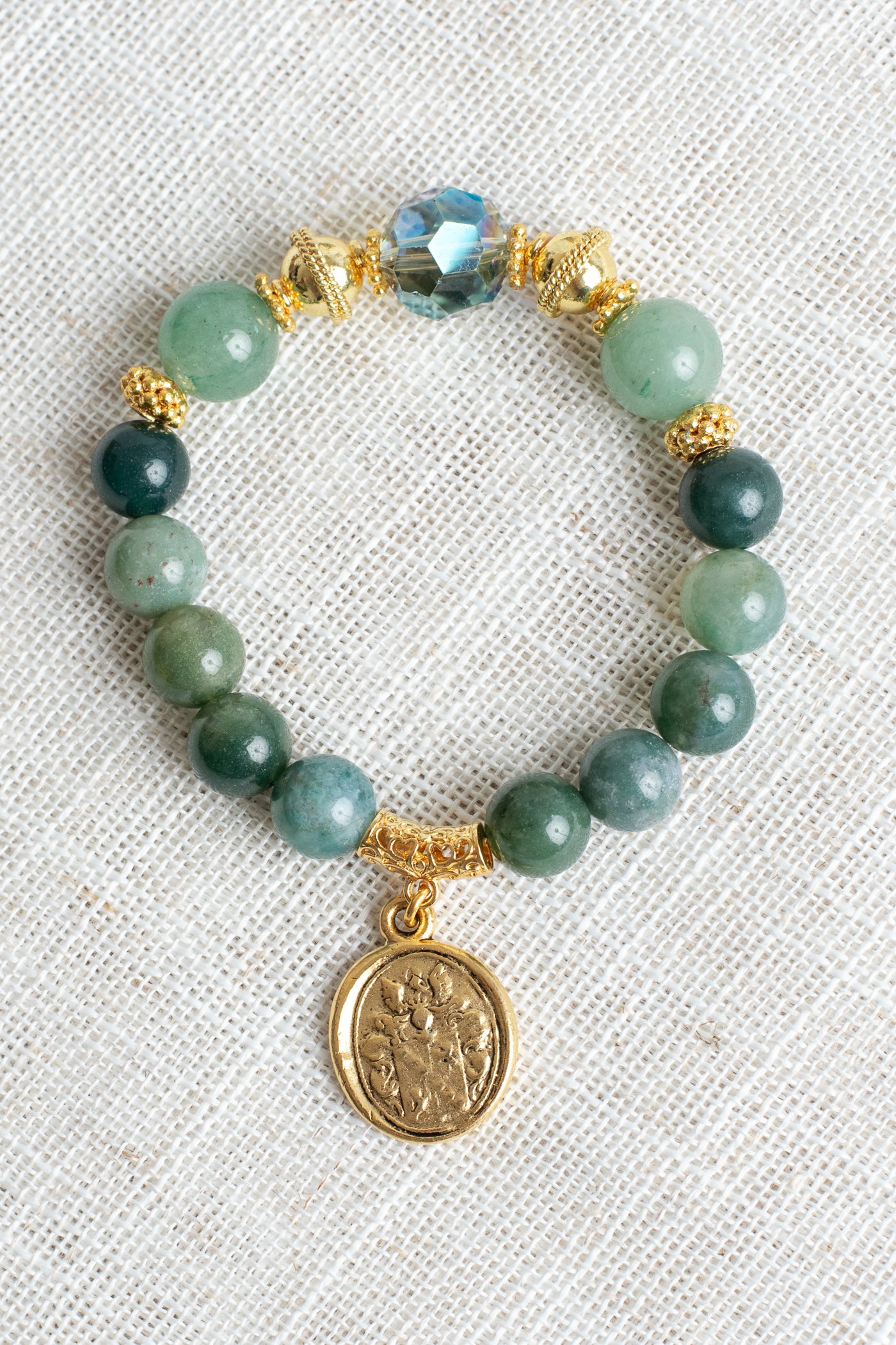 Green Adventurine and Agate Stretch Bracelet wtih Gold Plated Beads and Bail Plus Oval Armorial Crest Charm