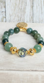 Green Adventurine and Agate Stretch Bracelet wtih Gold Plated Beads and Bail Plus Oval Armorial Crest Charm