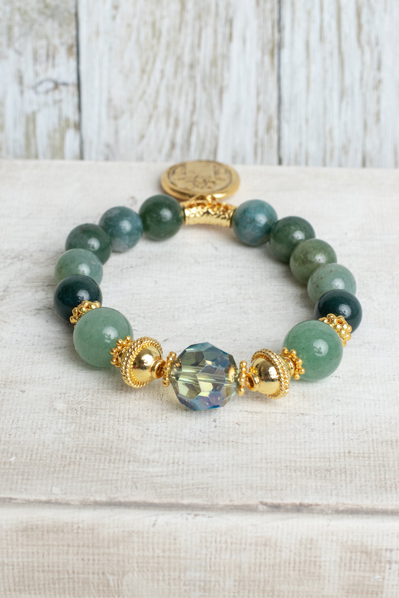 Green Adventurine and Agate Stretch Bracelet wtih Gold Plated Beads and Bail Plus Oval Armorial Crest Charm