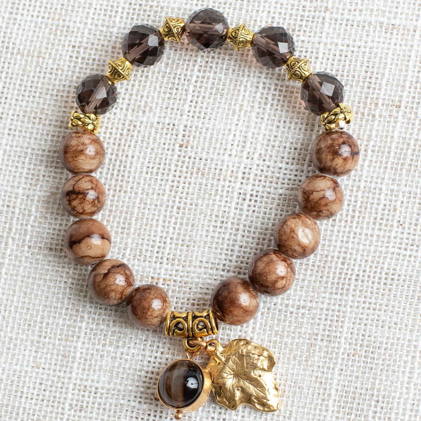 Taupe and Brown Vein Jasper with Smokey Quartz Gemstones Beaded Stretch Bracelet with Gold Plated Leaf Charm and Tiger's Eye Charm