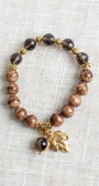 Taupe and Brown Vein Jasper with Smokey Quartz Gemstones Beaded Stretch Bracelet with Gold Plated Leaf Charm and Tiger's Eye Charm