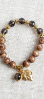 Taupe and Brown Vein Jasper with Smokey Quartz Gemstones Beaded Stretch Bracelet with Gold Plated Leaf Charm and Tiger's Eye Charm