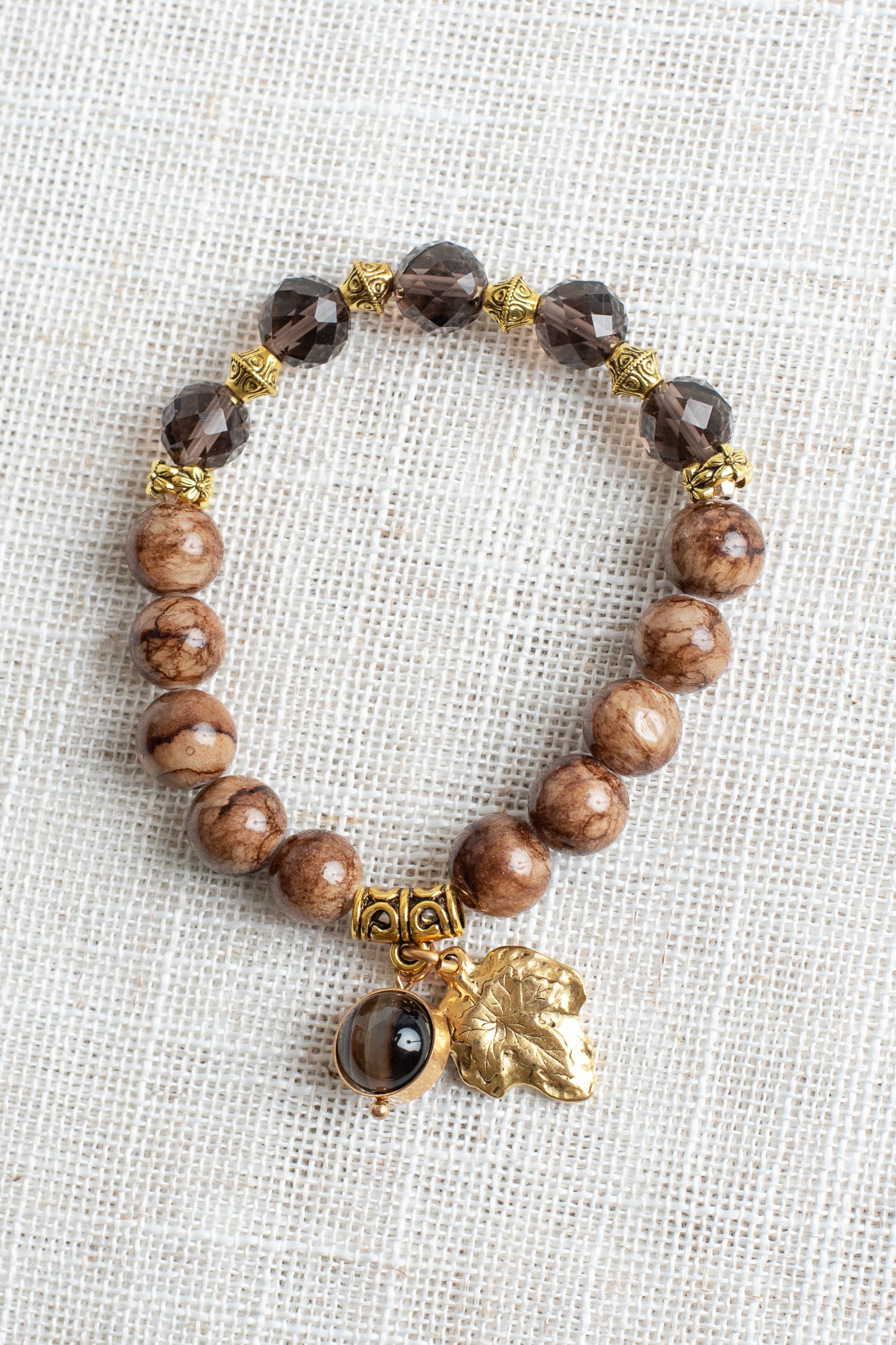 Taupe and Brown Vein Jasper with Smokey Quartz Gemstones Beaded Stretch Bracelet with Gold Plated Leaf Charm and Tiger's Eye Charm