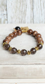Taupe and Brown Vein Jasper with Smokey Quartz Gemstones Beaded Stretch Bracelet with Gold Plated Leaf Charm and Tiger's Eye Charm