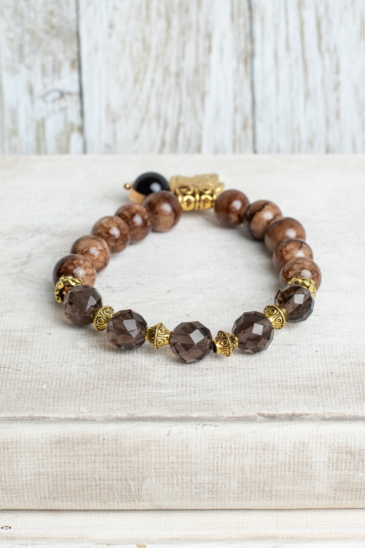 Taupe and Brown Vein Jasper with Smokey Quartz Gemstones Beaded Stretch Bracelet with Gold Plated Leaf Charm and Tiger's Eye Charm