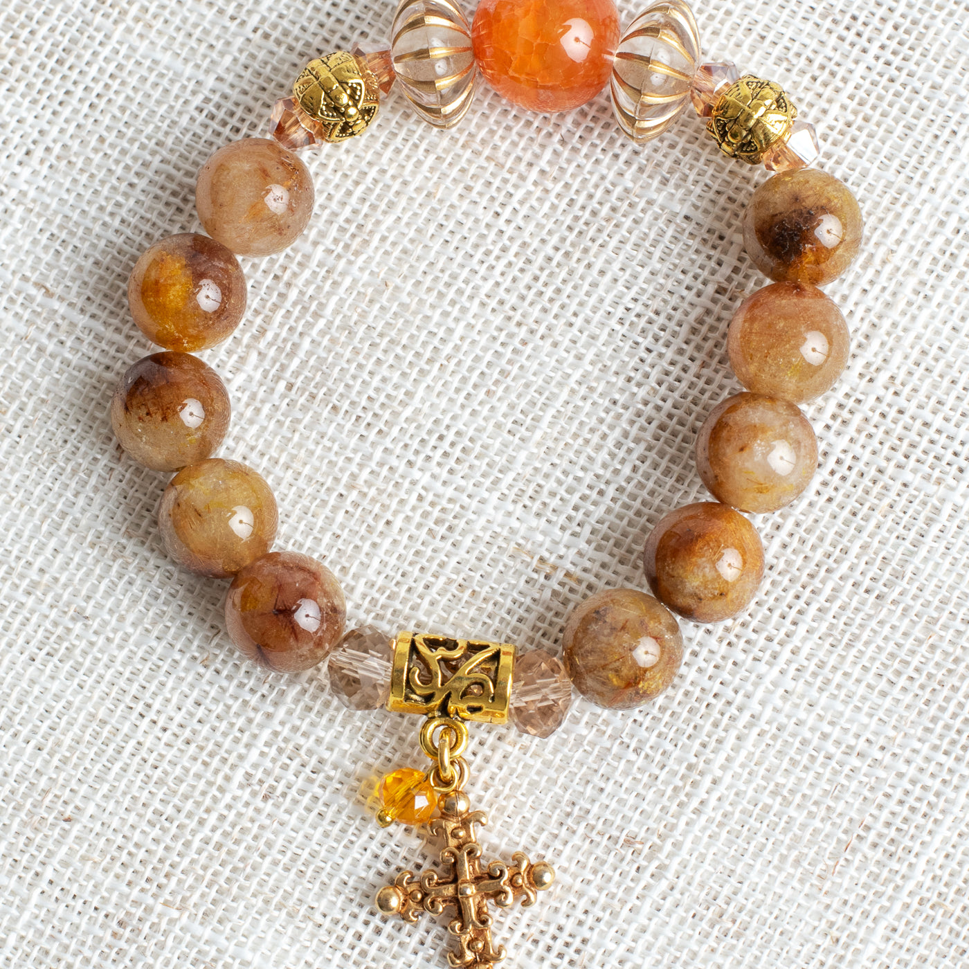 Golden Agate Stone and Orange Quartz Warm Colors Bracelet with Gold Plated Cross Charm