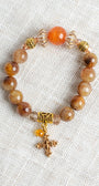 Golden Agate Stone and Orange Quartz Warm Colors Bracelet with Gold Plated Cross Charm