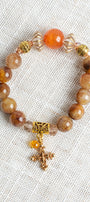 Golden Agate Stone and Orange Quartz Warm Colors Bracelet with Gold Plated Cross Charm