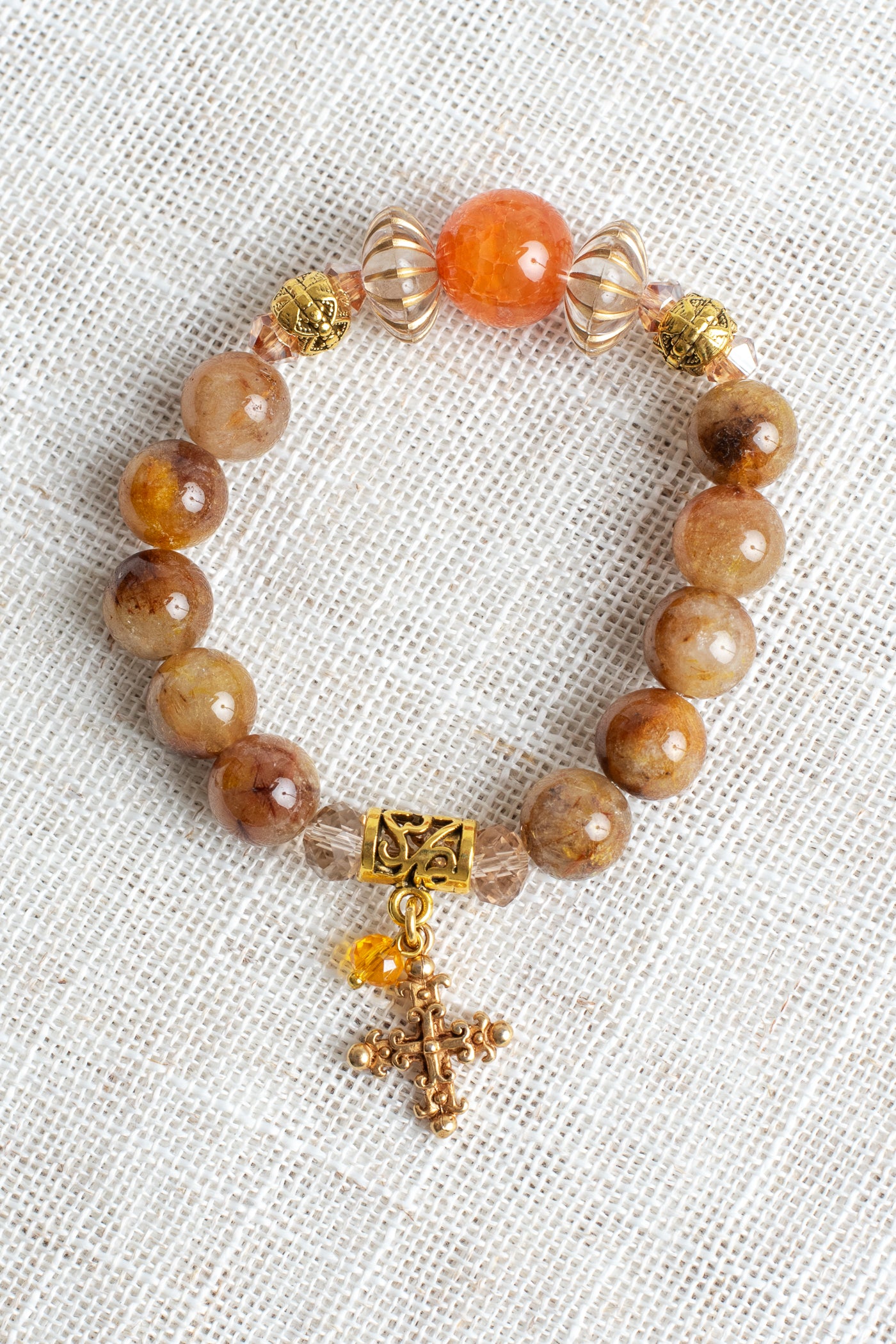 Golden Agate Stone and Orange Quartz Warm Colors Bracelet with Gold Plated Cross Charm