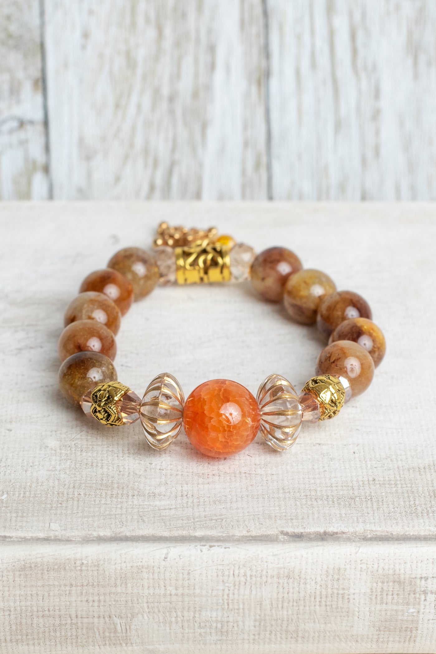 Golden Agate Stone and Orange Quartz Warm Colors Bracelet with Gold Plated Cross Charm