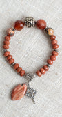 Sunstone Rhondelles with Carnelian Focal Beads Stretch Bracelet with Silver Plated Beads and Cross Charm plus Agate Drop