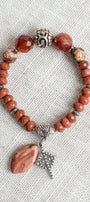 Sunstone Rhondelles with Carnelian Focal Beads Stretch Bracelet with Silver Plated Beads and Cross Charm plus Agate Drop