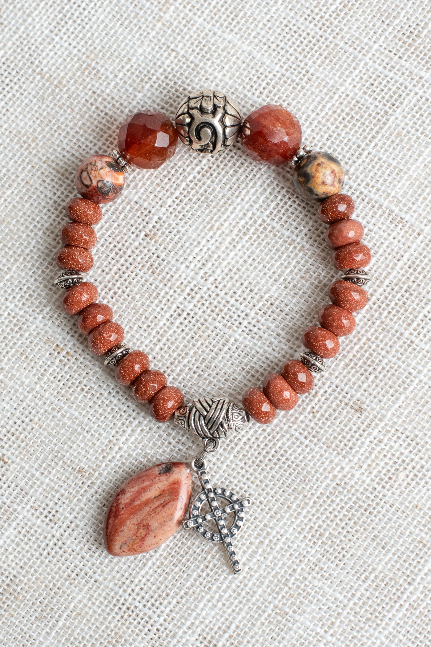 Sunstone Rhondelles with Carnelian Focal Beads Stretch Bracelet with Silver Plated Beads and Cross Charm plus Agate Drop