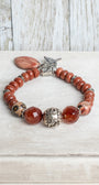 Sunstone Rhondelles with Carnelian Focal Beads Stretch Bracelet with Silver Plated Beads and Cross Charm plus Agate Drop