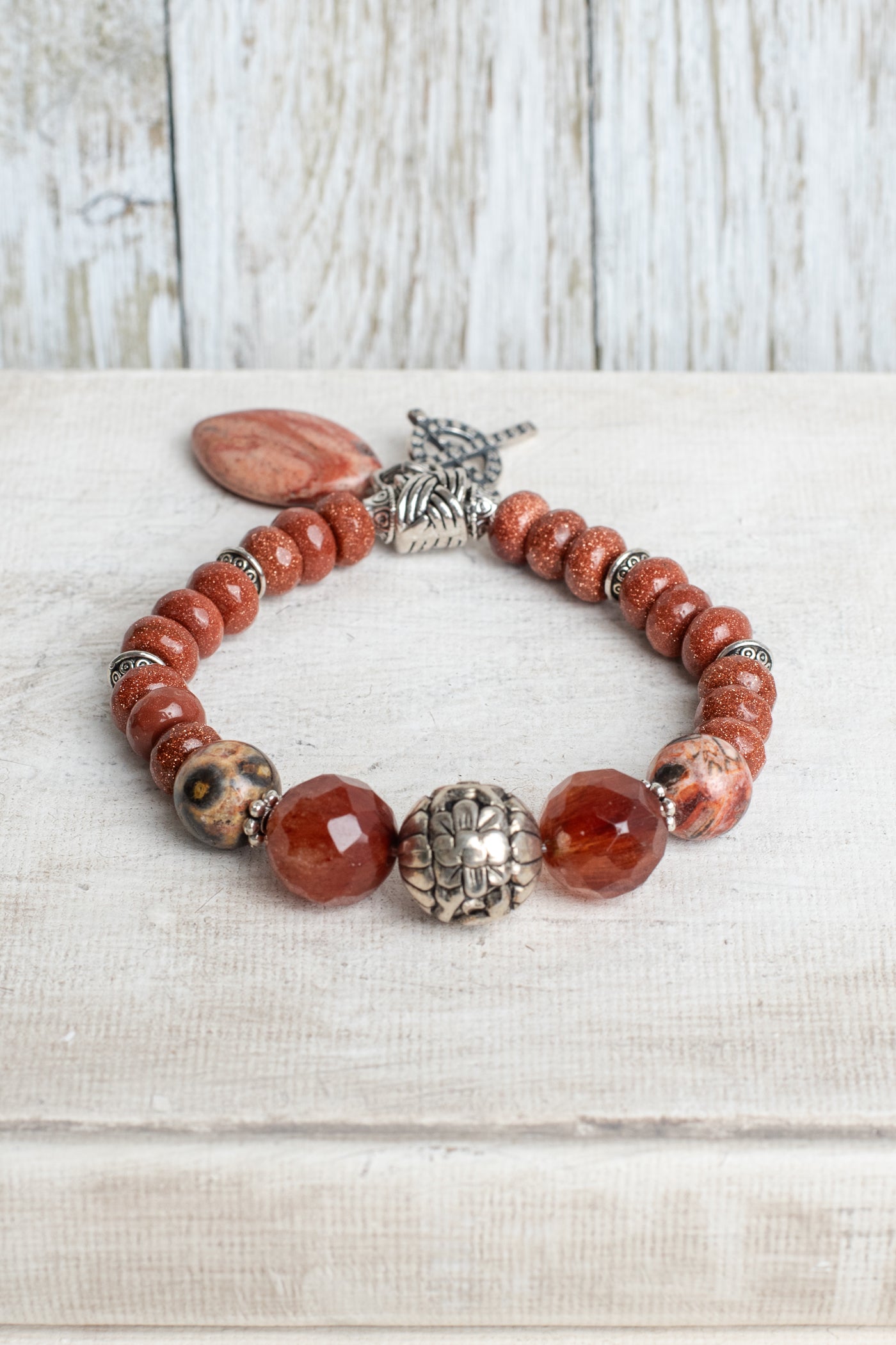 Sunstone Rhondelles with Carnelian Focal Beads Stretch Bracelet with Silver Plated Beads and Cross Charm plus Agate Drop