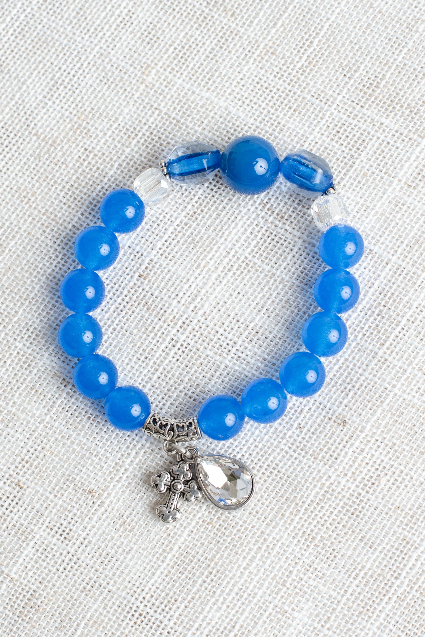 Royal Blue Quartz Beaded Stretch Bracelet with Crystal and Cross Charms
