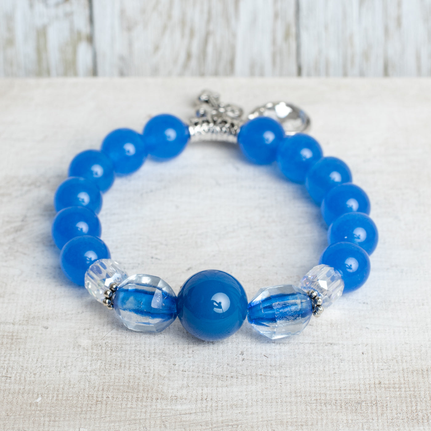 Royal Blue Quartz Beaded Stretch Bracelet with Crystal and Cross Charms