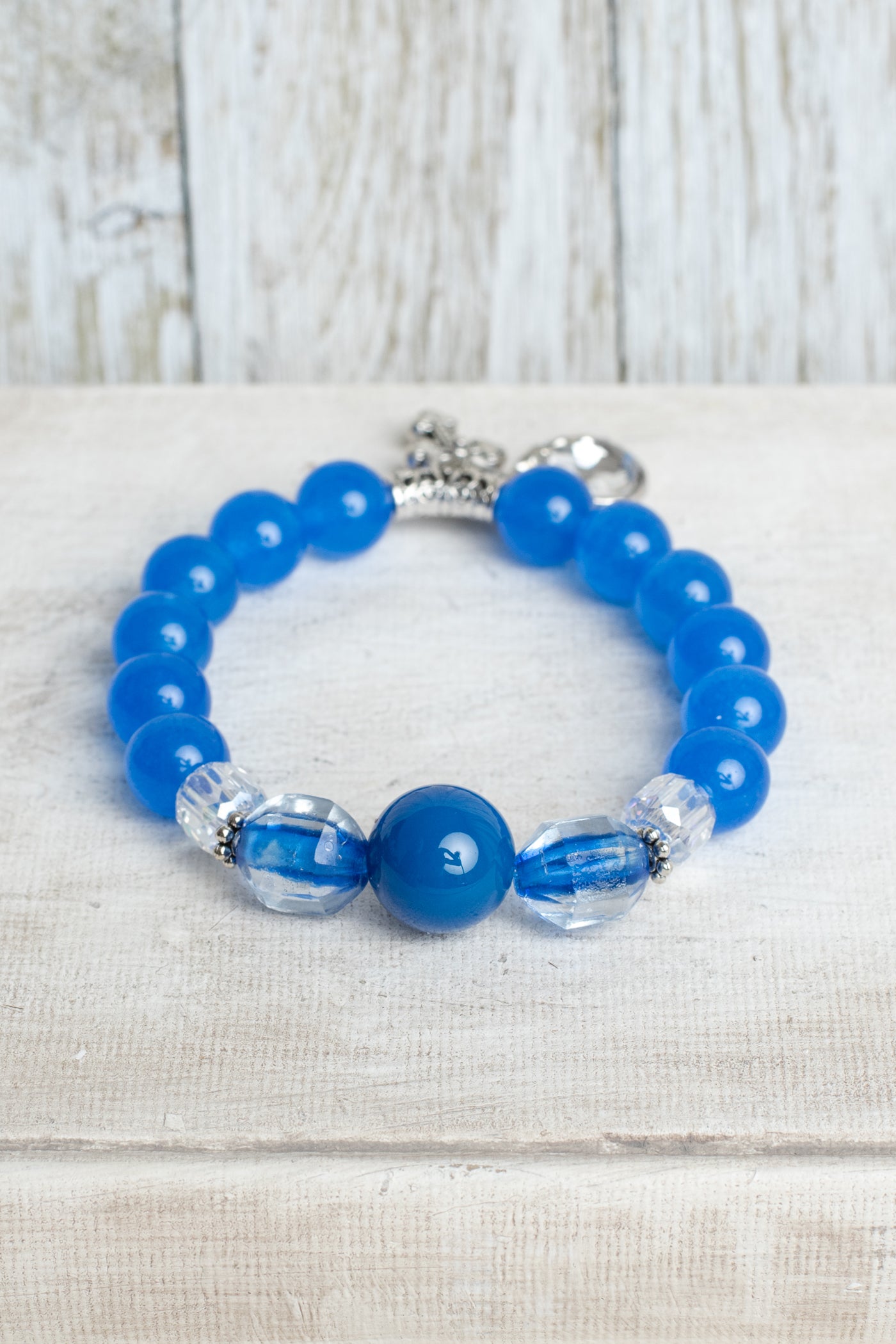 Royal Blue Quartz Beaded Stretch Bracelet with Crystal and Cross Charms
