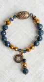 Faceted Dark Blue Sapphire and Dark Gold Hemitite Stone Beaded Stretch Bracelet with Sterling Silver Cross and Stone and Crystal Charm