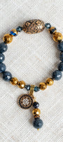 Faceted Dark Blue Sapphire and Dark Gold Hemitite Stone Beaded Stretch Bracelet with Sterling Silver Cross and Stone and Crystal Charm