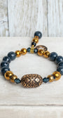 Faceted Dark Blue Sapphire and Dark Gold Hemitite Stone Beaded Stretch Bracelet with Sterling Silver Cross and Stone and Crystal Charm