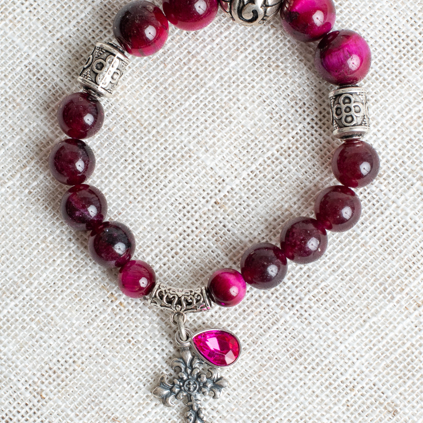 Hot Pink & Burgundy Tiger's Eye Beads with Silver Plated Elements on Stretch Bracelet with Cross and Crystal Charms