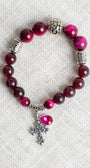 Hot Pink & Burgundy Tiger's Eye Beads with Silver Plated Elements on Stretch Bracelet with Cross and Crystal Charms