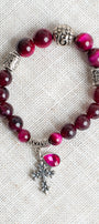 Hot Pink & Burgundy Tiger's Eye Beads with Silver Plated Elements on Stretch Bracelet with Cross and Crystal Charms
