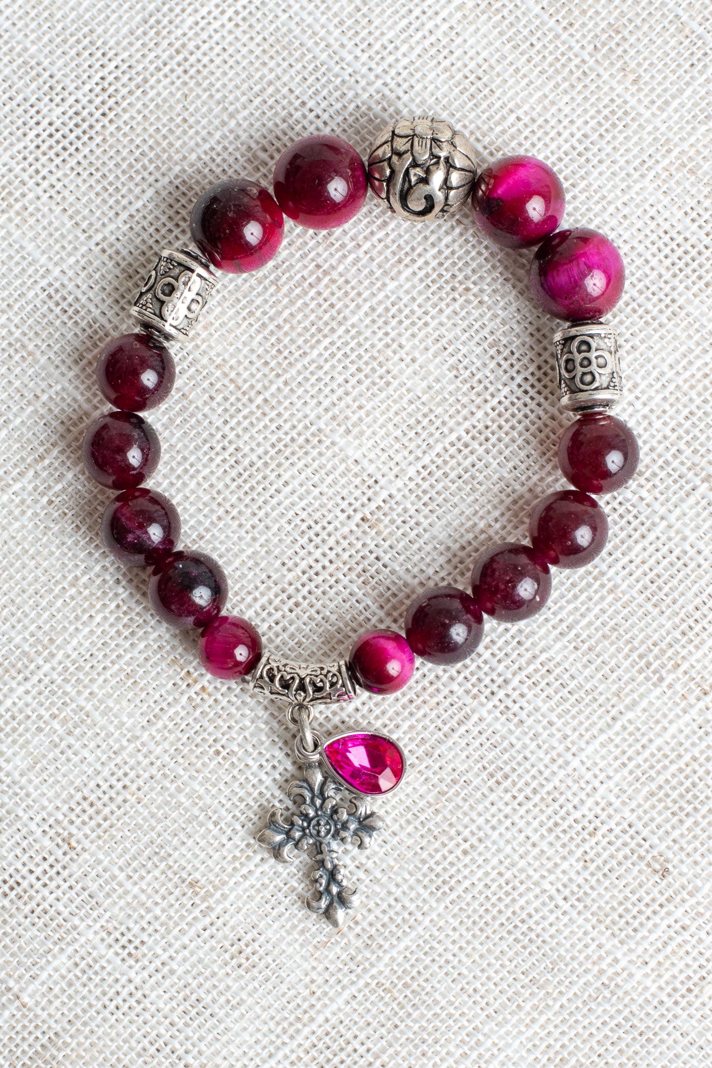 Hot Pink & Burgundy Tiger's Eye Beads with Silver Plated Elements on Stretch Bracelet with Cross and Crystal Charms
