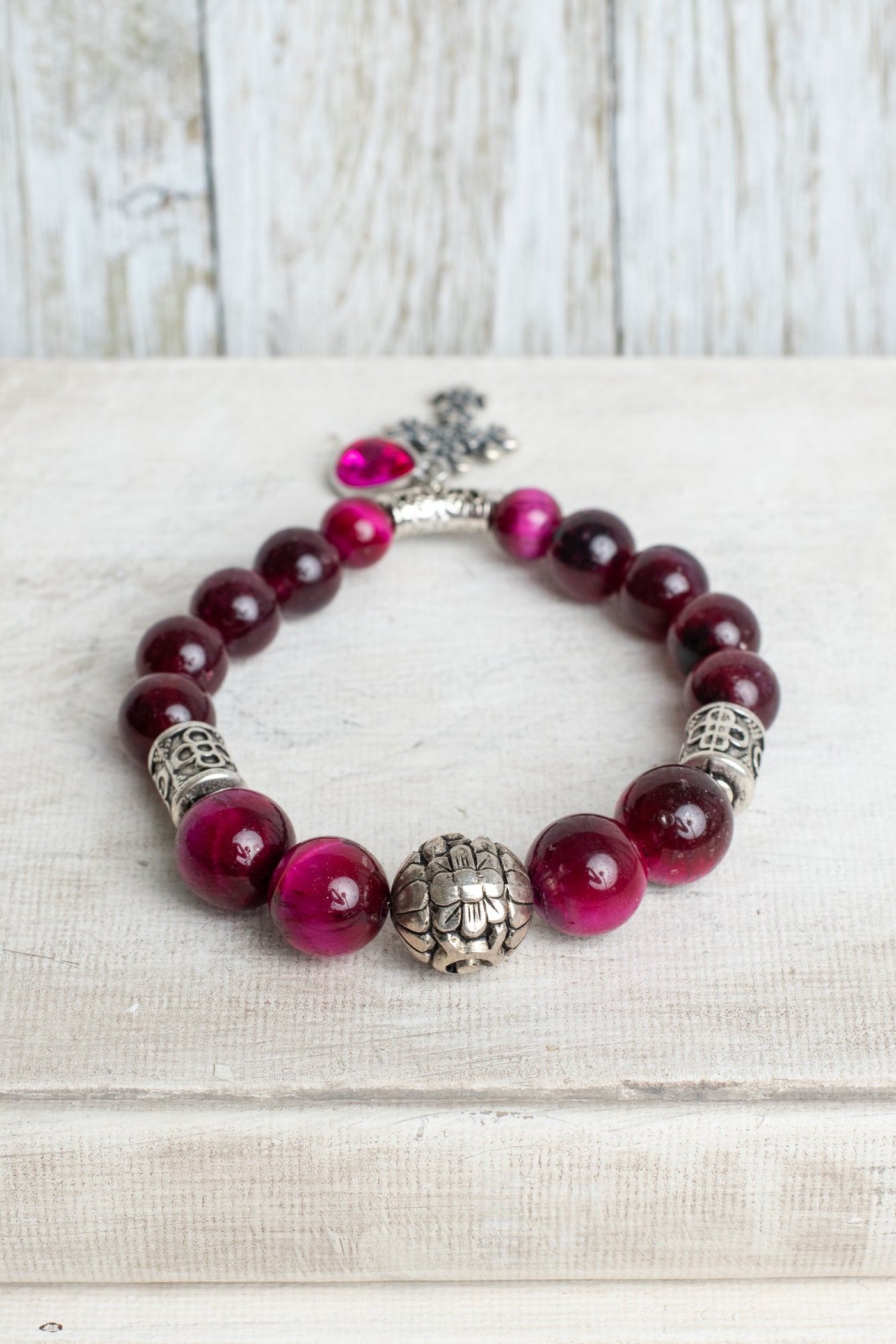 Hot Pink & Burgundy Tiger's Eye Beads with Silver Plated Elements on Stretch Bracelet with Cross and Crystal Charms