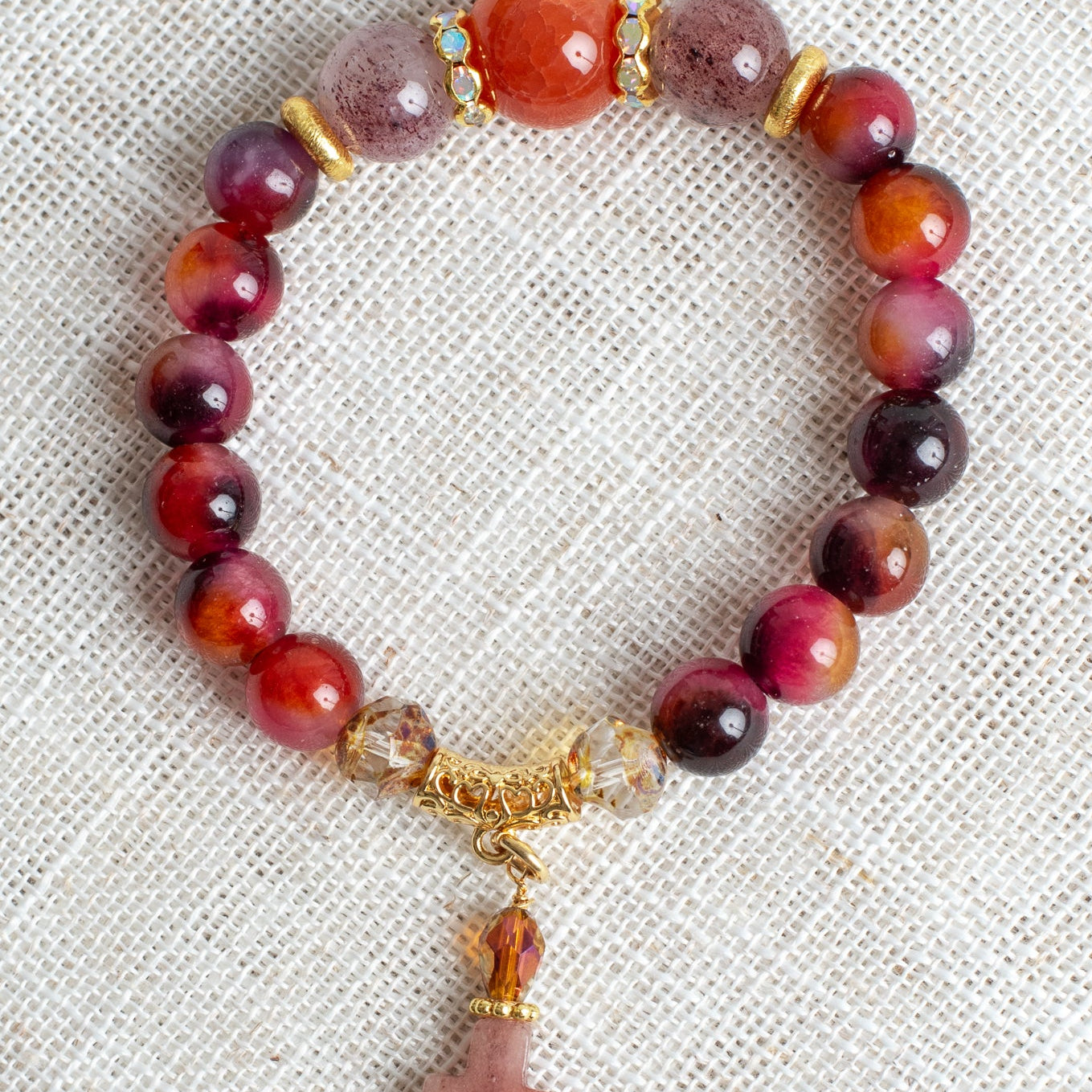 Red and Orange Quartz Gemstone Beaded Stretch Bracelet with Gold Plated Accents and Quartz Cross Charm