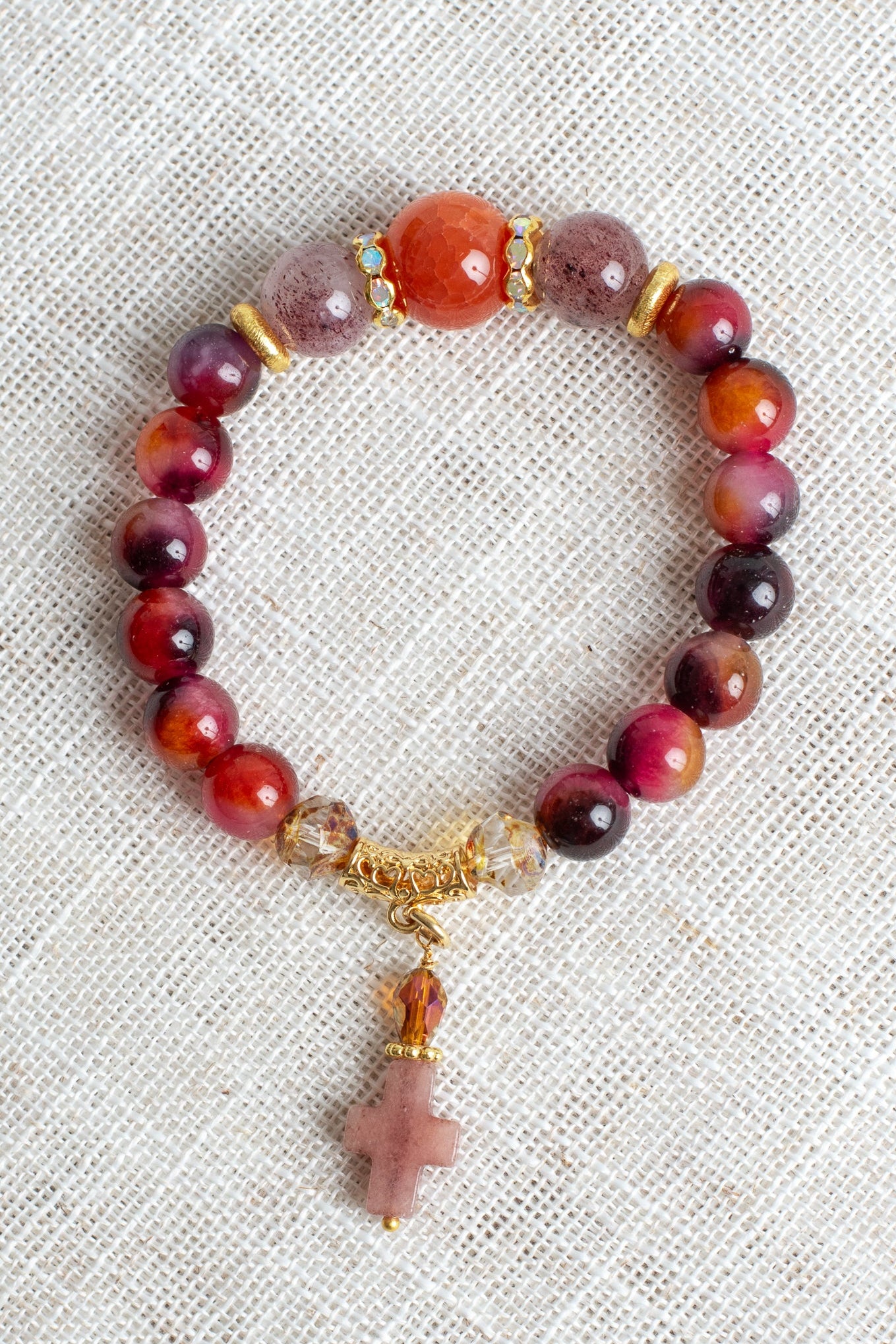 Red and Orange Quartz Gemstone Beaded Stretch Bracelet with Gold Plated Accents and Quartz Cross Charm
